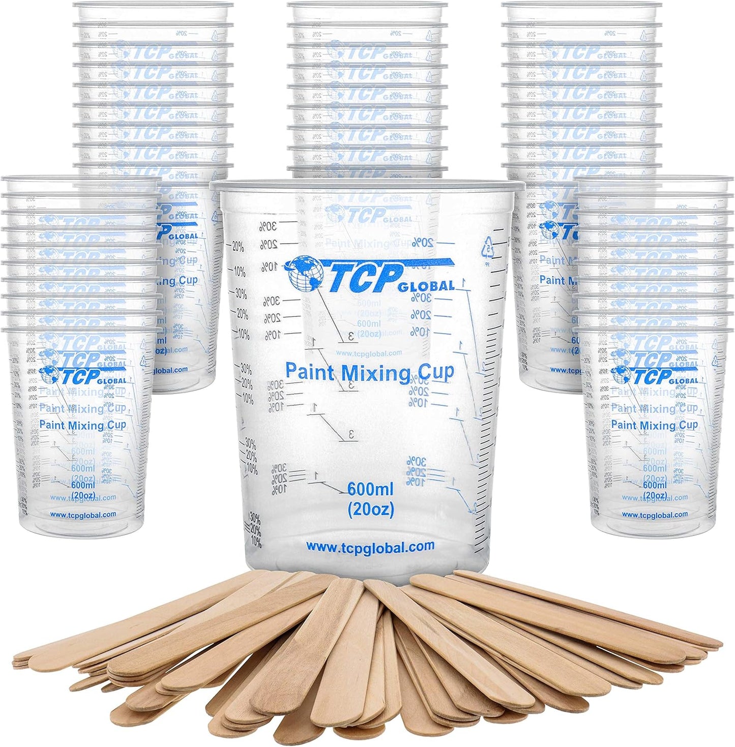 TCP Global 20 oz. (600ml) Graduated Plastic Mixing Cups - Box of 25 - Disposable Plastic Measuring Cups for Liquids, Paints, Resin, Epoxy, Art, Kitchen - Ratios 2-1, 3-1, 4-1 ML