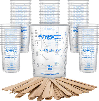 TCP Global 20 oz. (600ml) Graduated Plastic Mixing Cups - Box of 25 - Disposable Plastic Measuring Cups for Liquids, Paints, Resin, Epoxy, Art, Kitchen - Ratios 2-1, 3-1, 4-1 ML