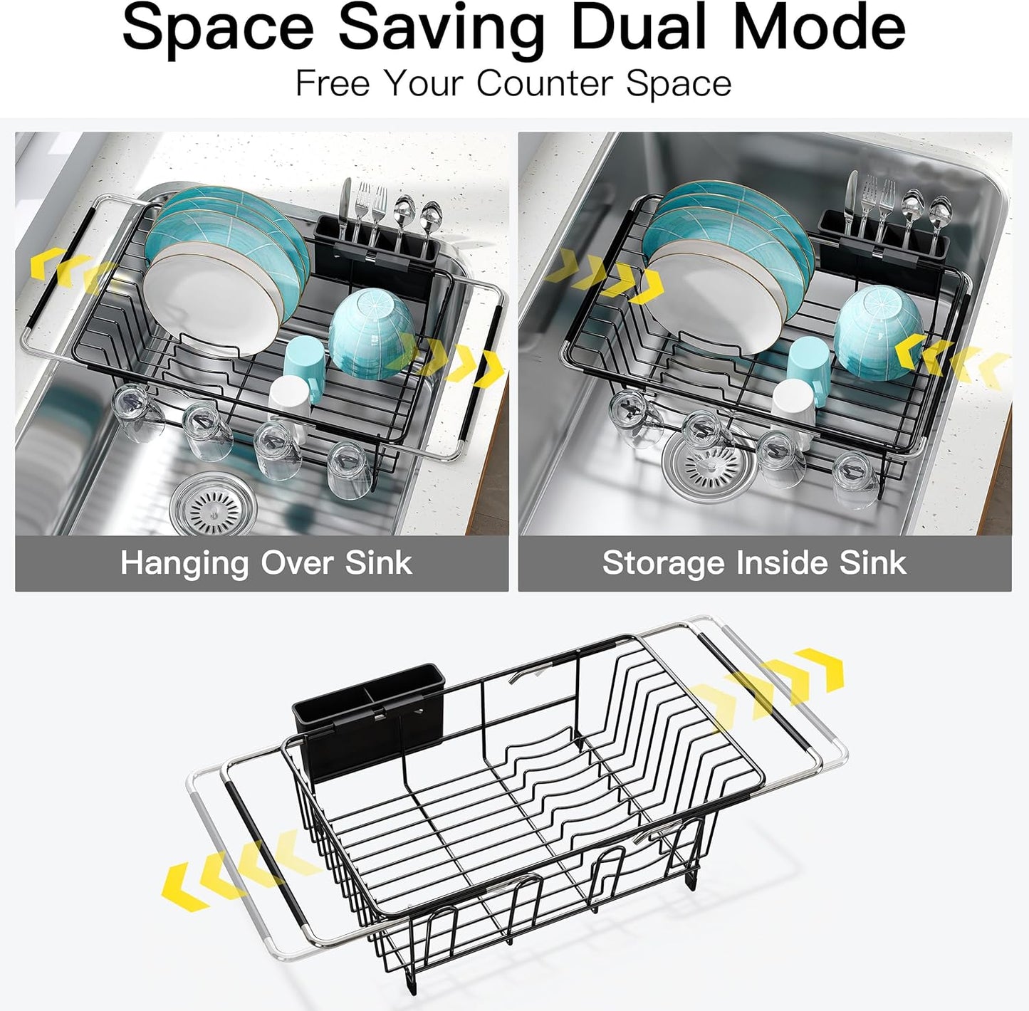 JASIWAY Roll Up Dish Drying Rack, Expandable (12.8"-23.8" D x 12.8" W) Stainless Steel Portable Drainer for Kitchen Sink Counter, Foldable Over The Sink Cover with Removable Utensil Holder