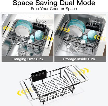 JASIWAY Roll Up Dish Drying Rack, Expandable (12.8"-23.8" D x 12.8" W) Stainless Steel Portable Drainer for Kitchen Sink Counter, Foldable Over The Sink Cover with Removable Utensil Holder