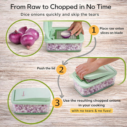 Brieftons QuickPush Food Chopper: Vegetable Dicer Slicer, Onion Cutter, 3 Extra-Large Blades with 200% More Cutting Area to Chop Dice Slice Vegetables, 2.6-Quart Container