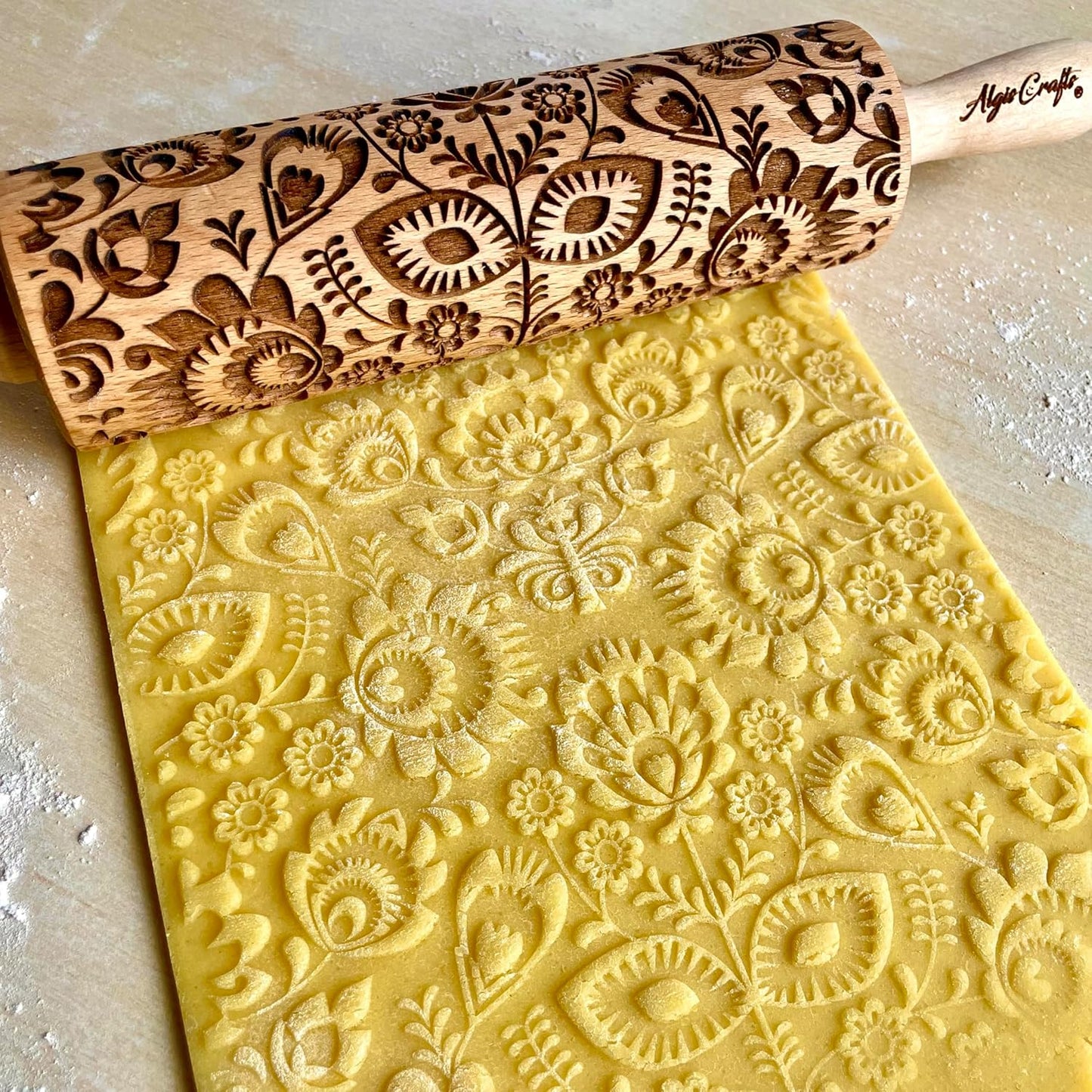 FLOWERING VINE Embossing Rolling Pin. Laser Engraved Dough Roller with Climbing Flowers Pattern for Embossed Cookies or Pottery by Algis Crafts