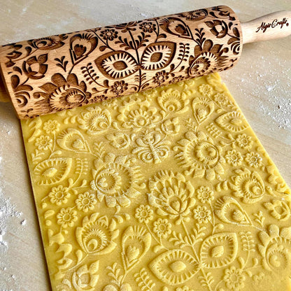 FLOWERING VINE Embossing Rolling Pin. Laser Engraved Dough Roller with Climbing Flowers Pattern for Embossed Cookies or Pottery by Algis Crafts
