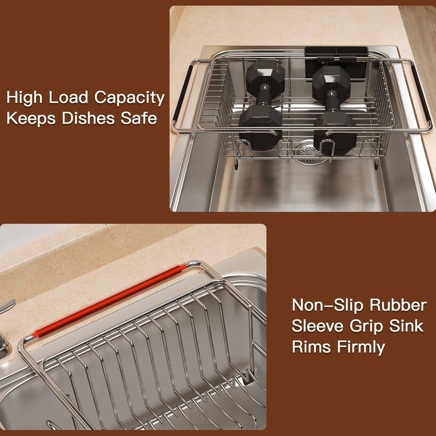 Over the Sink Expandable Dish Drainer Drying Rack In Stainless Steel for Small Kitchen, Counter Space Saving Modern Compact Metal Above Plate Dryer Strainer, Adjustable Hanging Inside Drain Holder