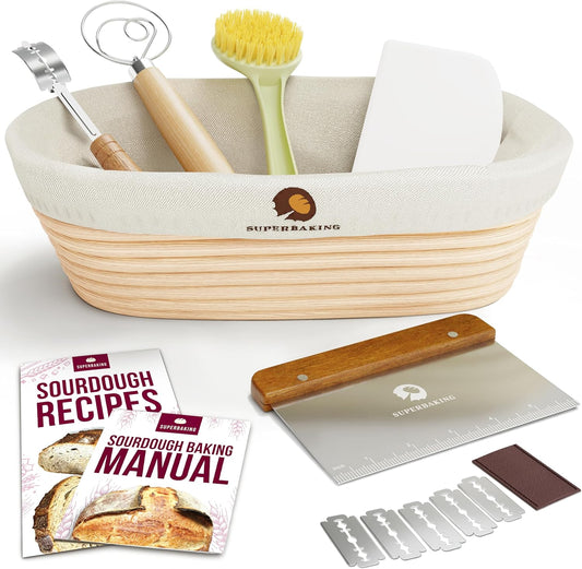 Superbaking Sourdough Starter Kit, 9" Round Banneton Bread Proofing Basket Set, Sourdough Bread Baking Supplies, Sourdough Tools with Silicone Bread Sling, Bread Making Tools, Baking Gifts