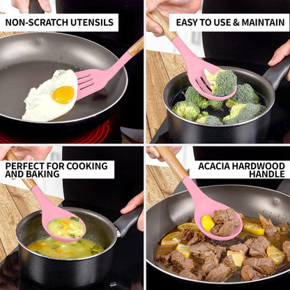 Zulay Kitchen Utensils Set Non-Stick Silicone Cooking Utensils Set with Authentic Acacia Wood Handles - 5 Piece Silicone Utensil Set - Kitchen Utensils Set with 464°F Heat Resistance - Gray