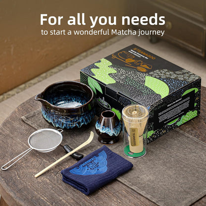 TEANAGOO Matcha Whisk Set, 7 Pcs Matcha Set Blue, Matcha Kit for Ceremony, Matcha Tea Set for Making Breakfast/Latte, Ceramic Matcha Bowl(chawan) whith Spout and Whisk, Gift for Friend/Family