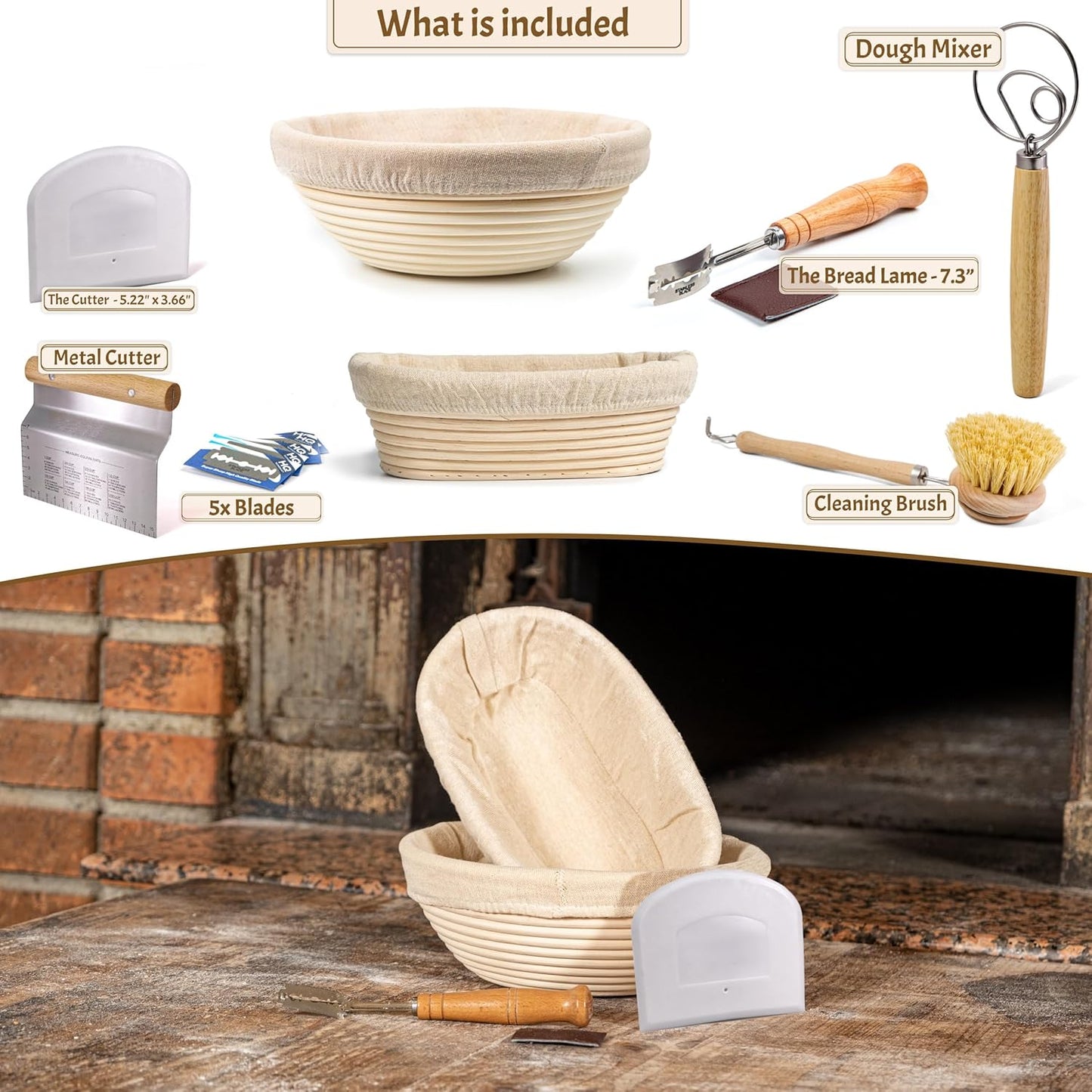 CRISS ELITE 11" Oval Banneton Proofing Basket Set of 2 - Sourdough Starter Kit with Bread Lame, Danish Whisk, Metal & Bowl Scrapers, Cleaning Brush - Professional Artisan Baker Gift Set
