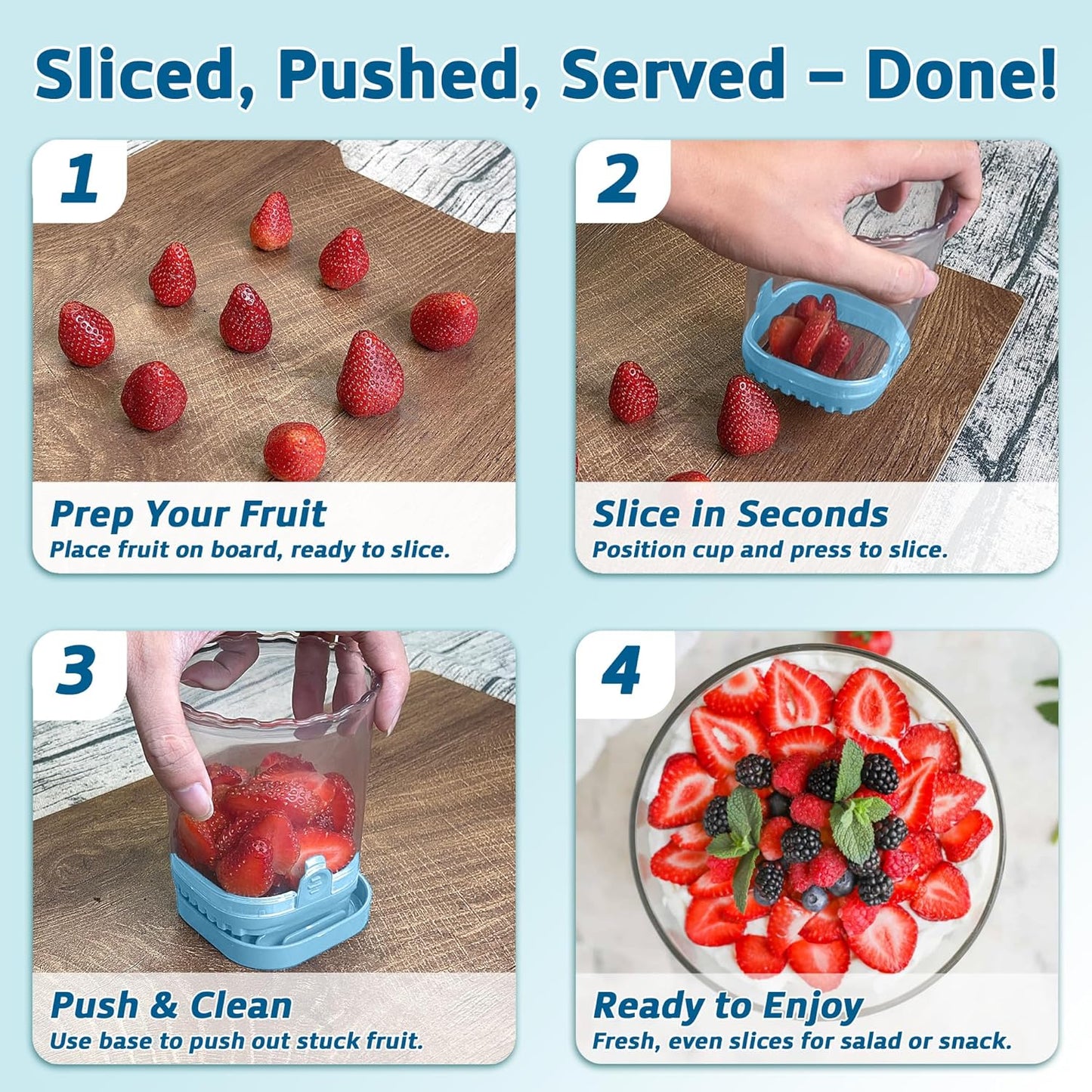 Strawberry Slicer Cup with Push Plate, Fruit Cutter Kitchen Gadget for Egg, Kiwi, Banana, Cucumber, Easy Fruit & Vegetable Slicer, Strawberry Cutter Tool for Quick Safe Cutting (Black)