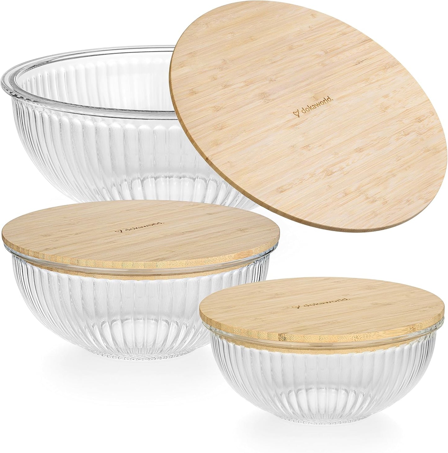 Set of 5 Nesting Glass Bowls with New Updated Acacia Lids for Foodprep, Storage, Mixing & Cooking - Microwave & Oven-ready BPA Free Durable Heat Resistant Inert Borosilicate Glass