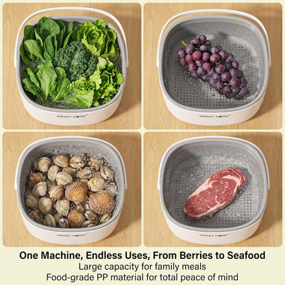 Ultrasonic Fruit Washer and Produce Cleaner Device - Countertop Fruit and Vegetable Washing Machine for Berry & Salad - Cordless Veggie Cleaner with 2-Tier Drain Basket Strainer