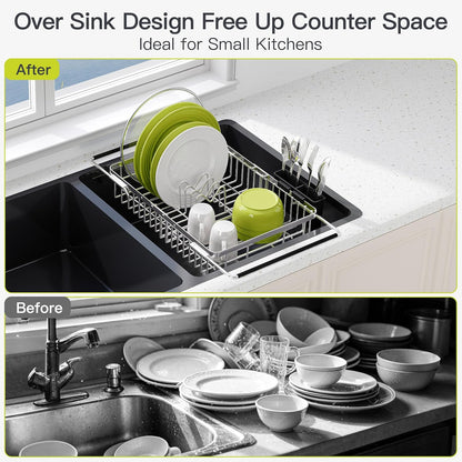 JASIWAY Roll Up Dish Drying Rack, Expandable (12.8"-23.8" D x 12.8" W) Stainless Steel Portable Drainer for Kitchen Sink Counter, Foldable Over The Sink Cover with Removable Utensil Holder