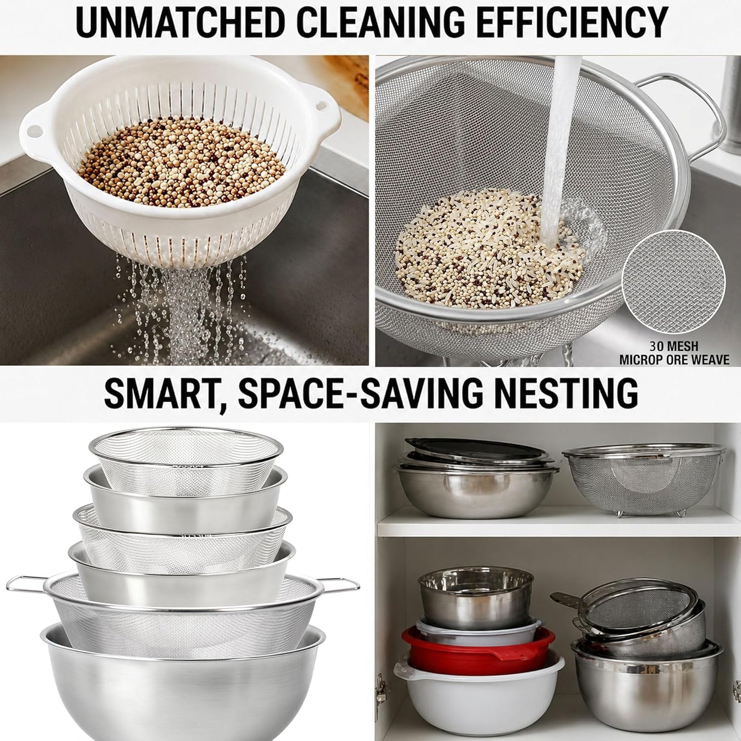 3.5QT Stainless Steel strainer bowl Set, Rice Washing Bowl with SUS304 Food Grade Metal Mixing Bowl with Measurement Marks, Large Fruit Washing Bowl for Rice, Quinoa, Pasta, Vegetables,2 Pack