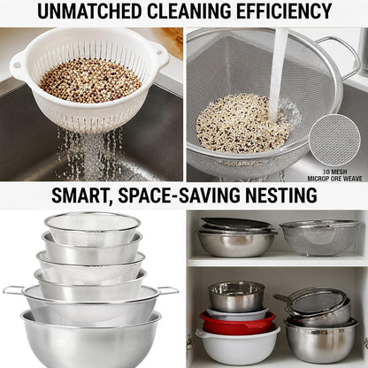 3.5QT Stainless Steel strainer bowl Set, Rice Washing Bowl with SUS304 Food Grade Metal Mixing Bowl with Measurement Marks, Large Fruit Washing Bowl for Rice, Quinoa, Pasta, Vegetables,2 Pack
