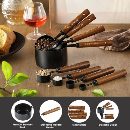 8PCS Measuring Cups and Spoons Set, DV Stainless Steel Measuring Cups with Ergonomic Wooden Handle for Cooking & Baking