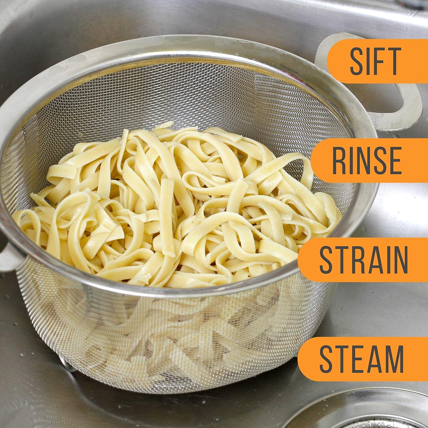 U.S. Kitchen Supply Stainless Steel Colander Strainer Basket - 3-Quart Colander with Resting Feet & Handles - Wide Rim Sieve, Stainless Steel Strainers and Colanders for Kitchen