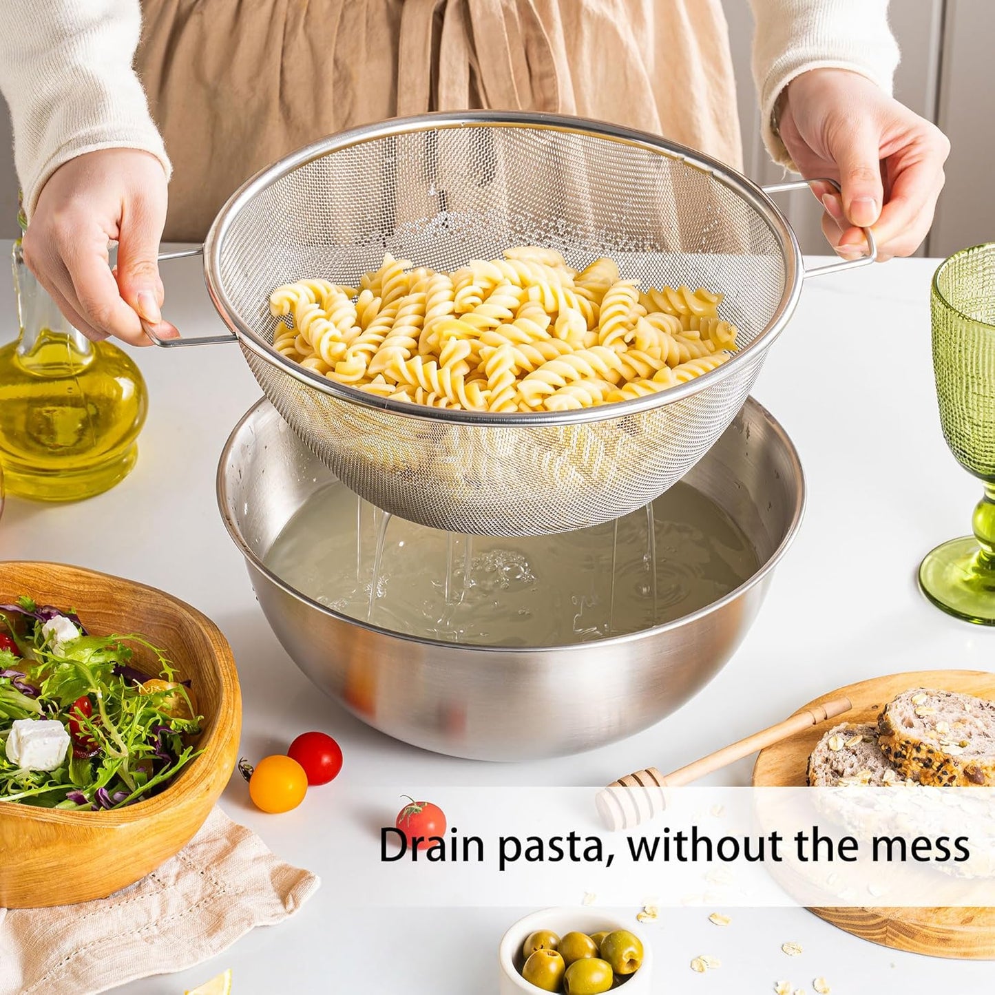 304 Stainless Steel Kitchen Colander Set, 3.5QT Colander with Handle and Bowl, 40 Mesh Fine Strainer, Fast Draining for Rice, Pasta, Fruits & Vegetables, Dishwasher Safe