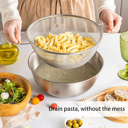 304 Stainless Steel Kitchen Colander Set, 3.5QT Colander with Handle and Bowl, 40 Mesh Fine Strainer, Fast Draining for Rice, Pasta, Fruits & Vegetables, Dishwasher Safe