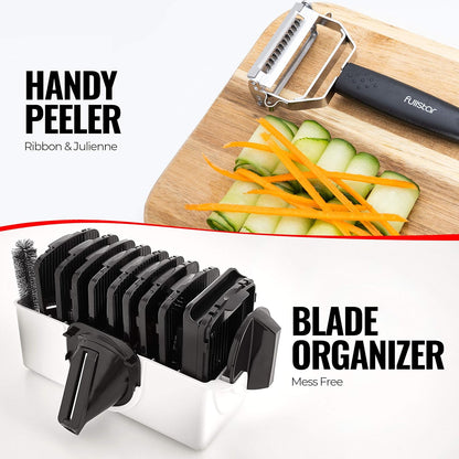 Fullstar Mandoline Slicer for Kitchen, Fruit Cutter, Cheese Grater, Cucumber Slicer, Veggie Spiralizer, Food Cutter & Kitchen Gadgets & Gifts with Safety Glove (6 in 1, White)