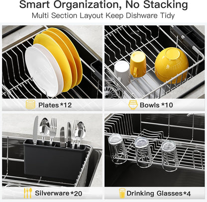 JASIWAY Roll Up Dish Drying Rack, Expandable (12.8"-23.8" D x 12.8" W) Stainless Steel Portable Drainer for Kitchen Sink Counter, Foldable Over The Sink Cover with Removable Utensil Holder
