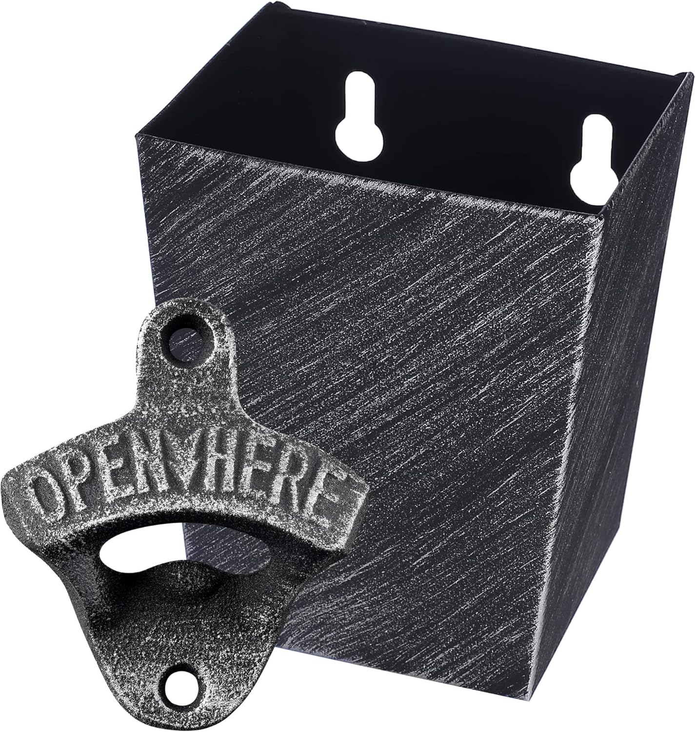 Satin Black Cast Iron Bottle Opener Wall Mounted with Bottle Cap Catcher Narrow