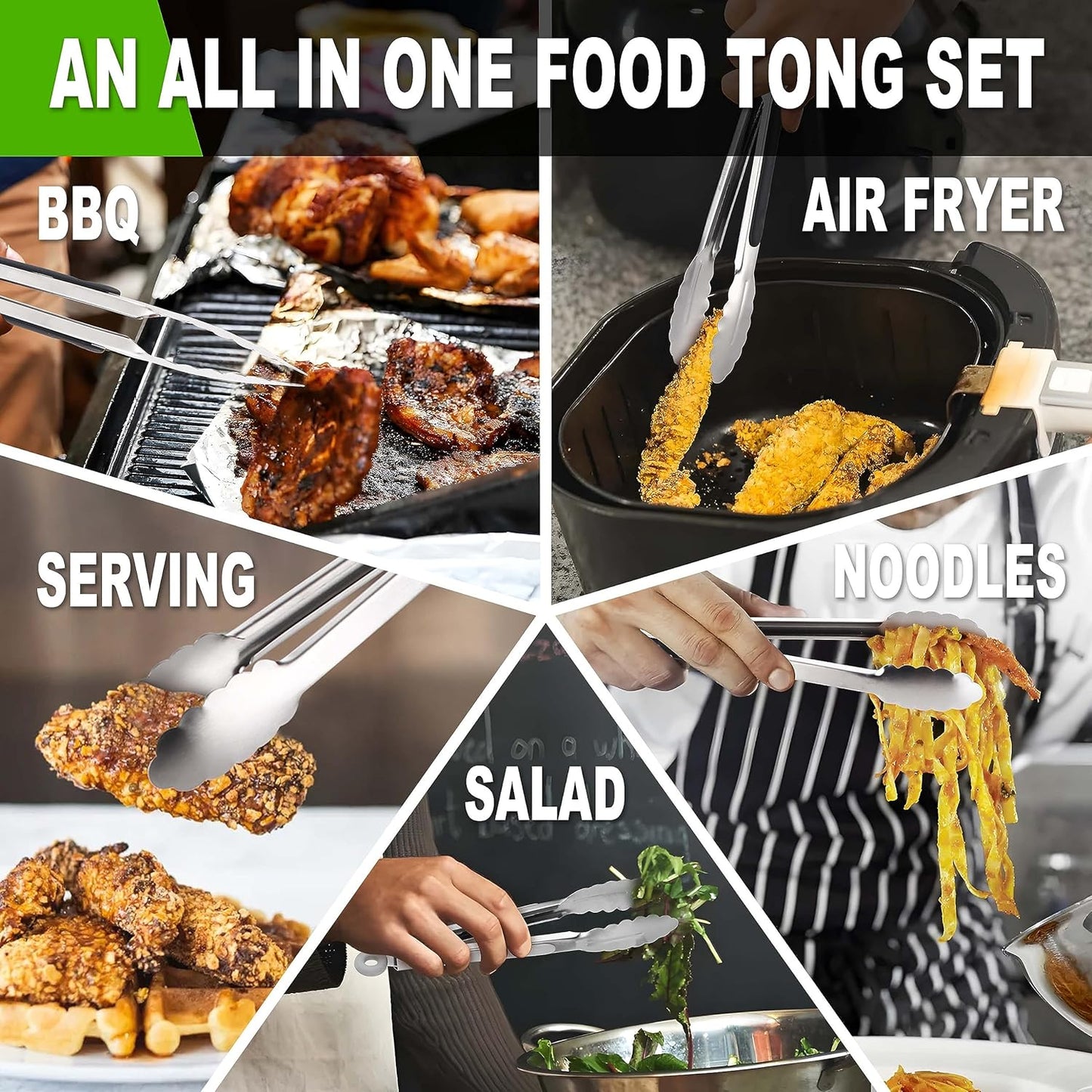 Anaeat Non-Stick Silicone Locking Tong Set of 3 - Stainless Steel 7", 9", 12" Kitchen Food Tongs with Non-Slip Silicone Tips and Grip for Cooking, Baking and BBQ - Heat Resistant up to 480°F (Black)