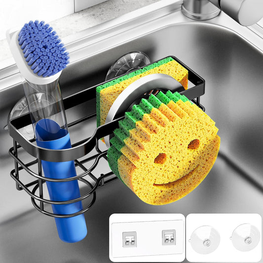 Cisily Smiley Sponge Holder for Kitchen Sink Caddy, Stainless Steel Movable Brush Holder Dish Cloth Hanger, Suction Cup Sink Caddy Organizer Scrubber Accessories (Silver)