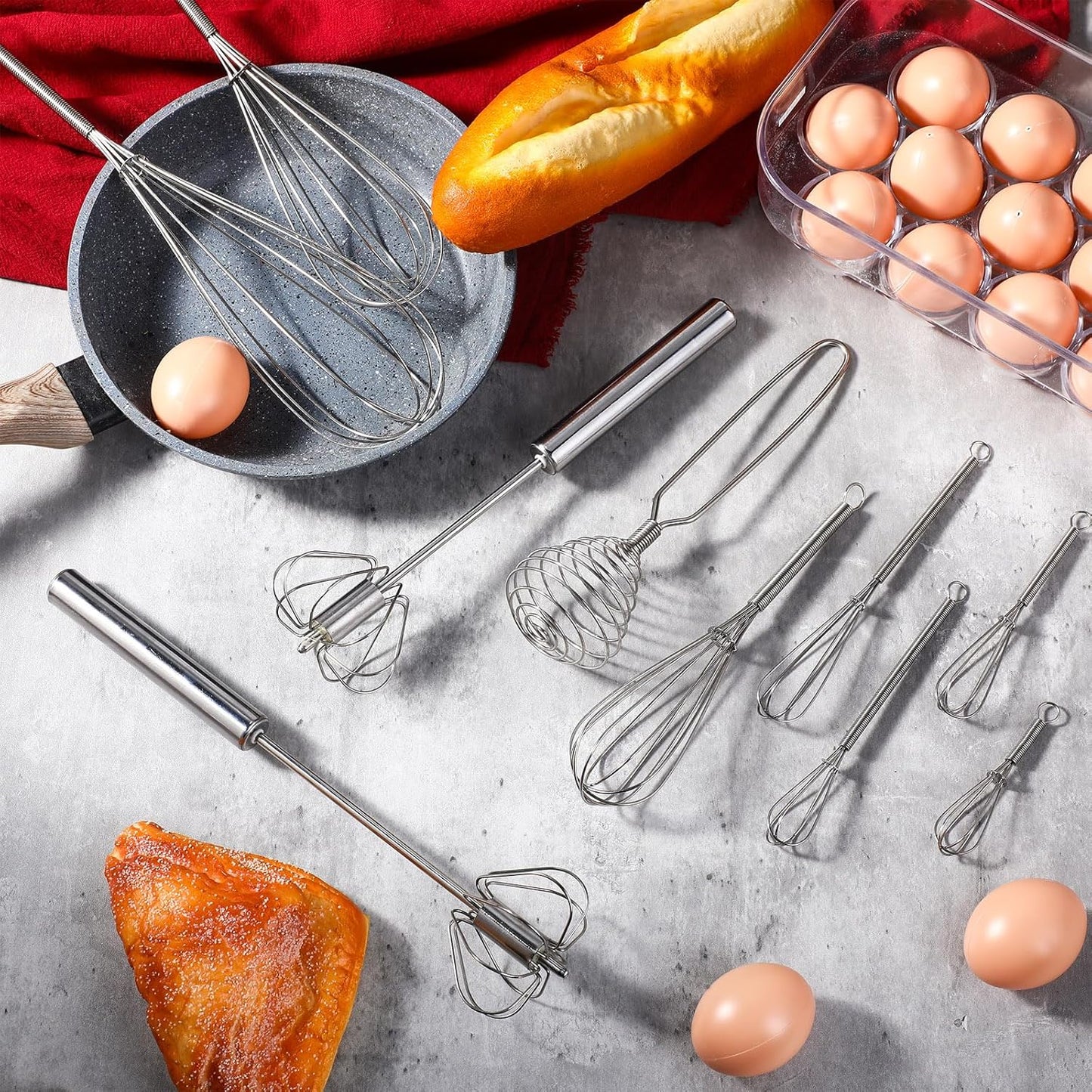 Teenyyou 10 Pcs Stainless Steel Whisks Set Egg Beater Semi Auto Whisk Blender Hand Push Beater Versatile Utensil for Kitchen Mixing Blending Beating Stirring Cooking 3 5 6 7 8 10 12 Inch