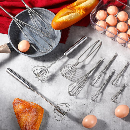 Teenyyou 10 Pcs Stainless Steel Whisks Set Egg Beater Semi Auto Whisk Blender Hand Push Beater Versatile Utensil for Kitchen Mixing Blending Beating Stirring Cooking 3 5 6 7 8 10 12 Inch
