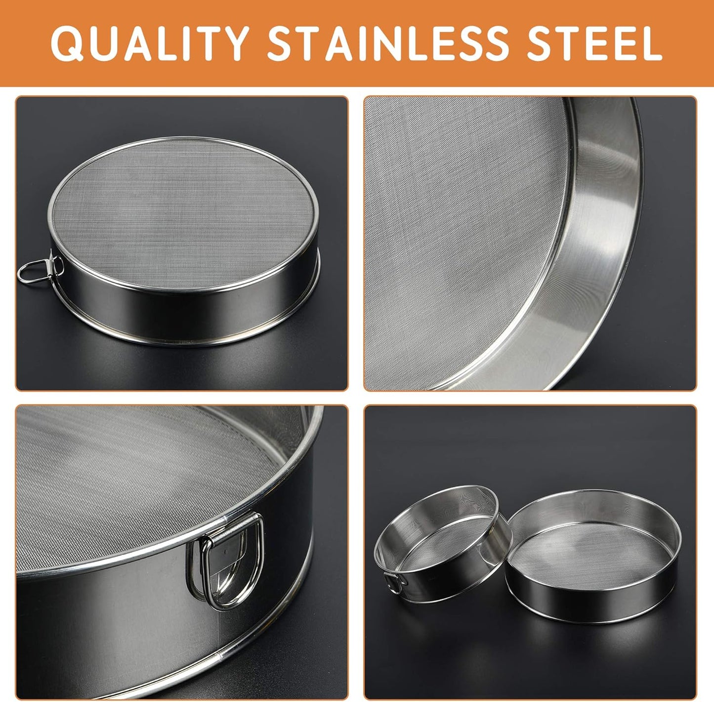Supkiir Stainless Steel Flour Sifter, 6-Inch, 8-Inch Sieve Fine Mesh Strainer Round Sifting Pan for Baking Straining Powdering Bread Dough Cake Fondant Icing