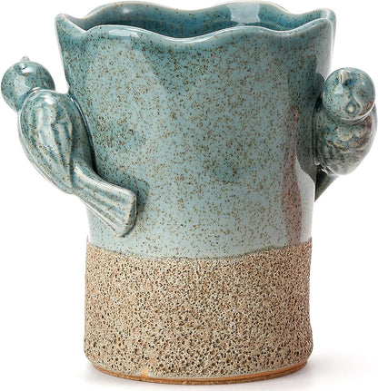 Utensil Holder for Kitchen Counter, Modern Farmhouse Rustic Cooking Utensil Holder and Crock, Exquisite Chinoiserie Floral Ceramic Utensil Organizer for Home Kitchen Decor- Green and Beige