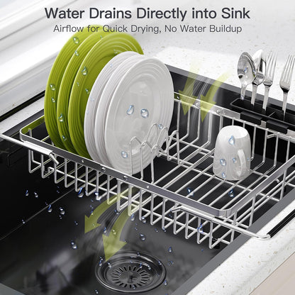 JASIWAY Roll Up Dish Drying Rack, Expandable (12.8"-23.8" D x 12.8" W) Stainless Steel Portable Drainer for Kitchen Sink Counter, Foldable Over The Sink Cover with Removable Utensil Holder