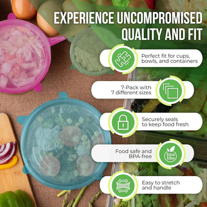 Reusable Silicone Stretch Lids for Food Storage in Fridge - Elastic Heat-Resistant Bowl Covers, Cups, Cans, Jars - Universal Food Grade Lid for Round and Rectangle Containers - Dishwasher Safe -7 Pack