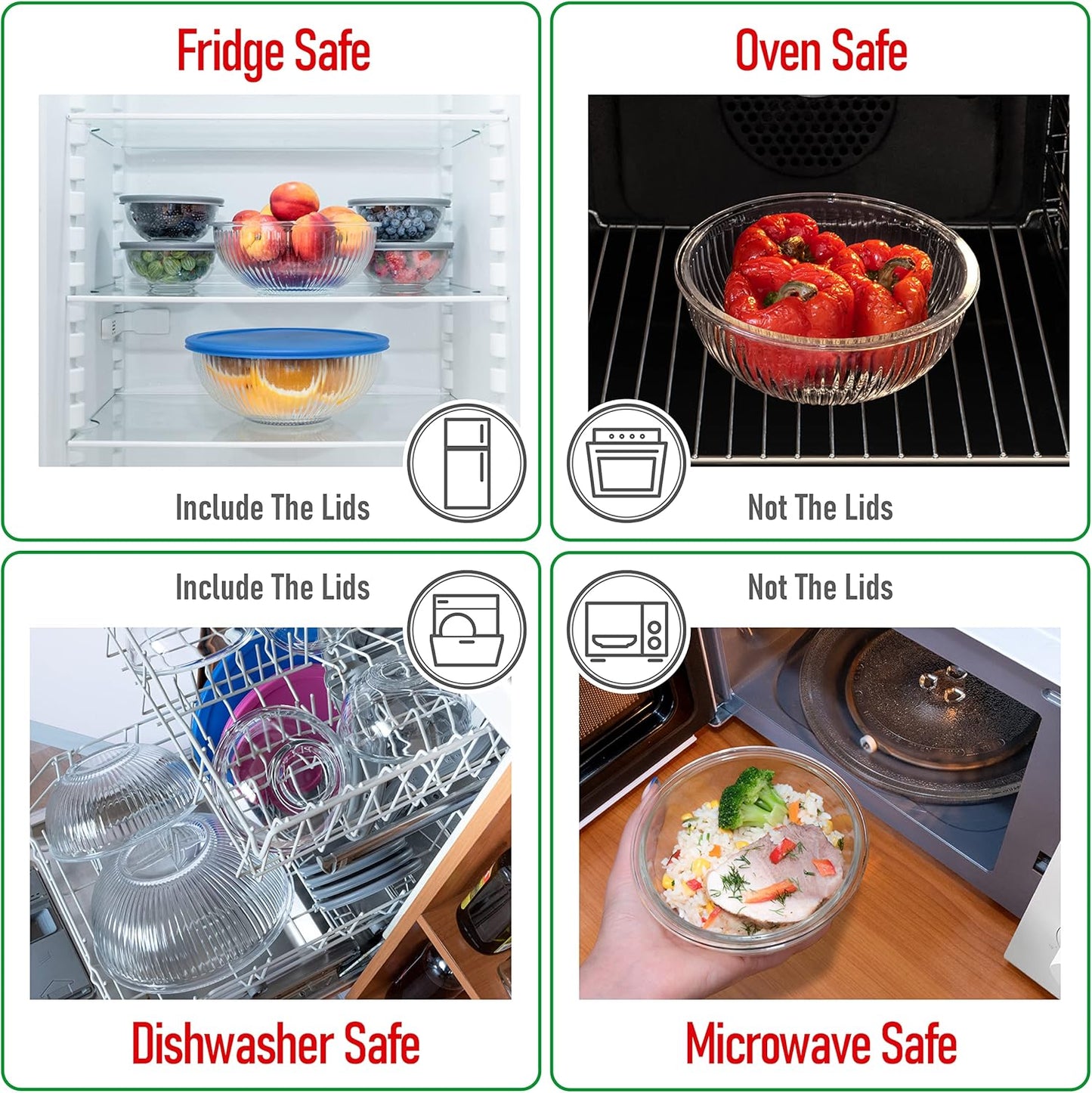 Set of 5 Nesting Glass Bowls with New Updated Acacia Lids for Foodprep, Storage, Mixing & Cooking - Microwave & Oven-ready BPA Free Durable Heat Resistant Inert Borosilicate Glass