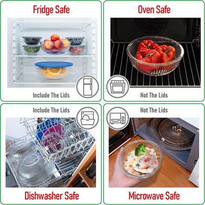 Set of 5 Nesting Glass Bowls with New Updated Acacia Lids for Foodprep, Storage, Mixing & Cooking - Microwave & Oven-ready BPA Free Durable Heat Resistant Inert Borosilicate Glass