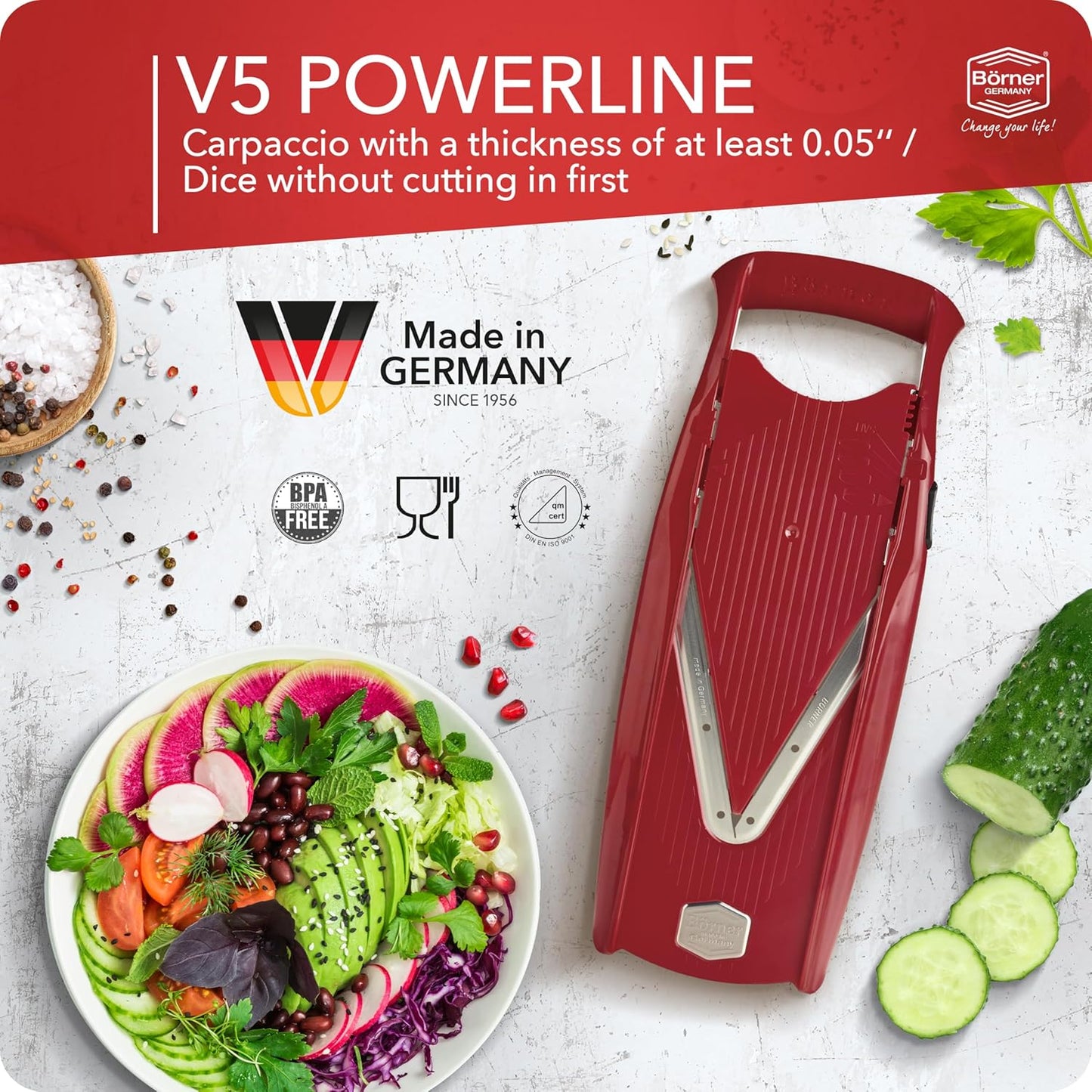 Mandoline Food Slicer Börner V5 (Profi Set) by Reston Lloyd • V-Slicer with 4 Inserts, Docking Station & Food Holder • Made in Germany • Fruit & Vegetable Chopper • Multiple Settings • Color: White