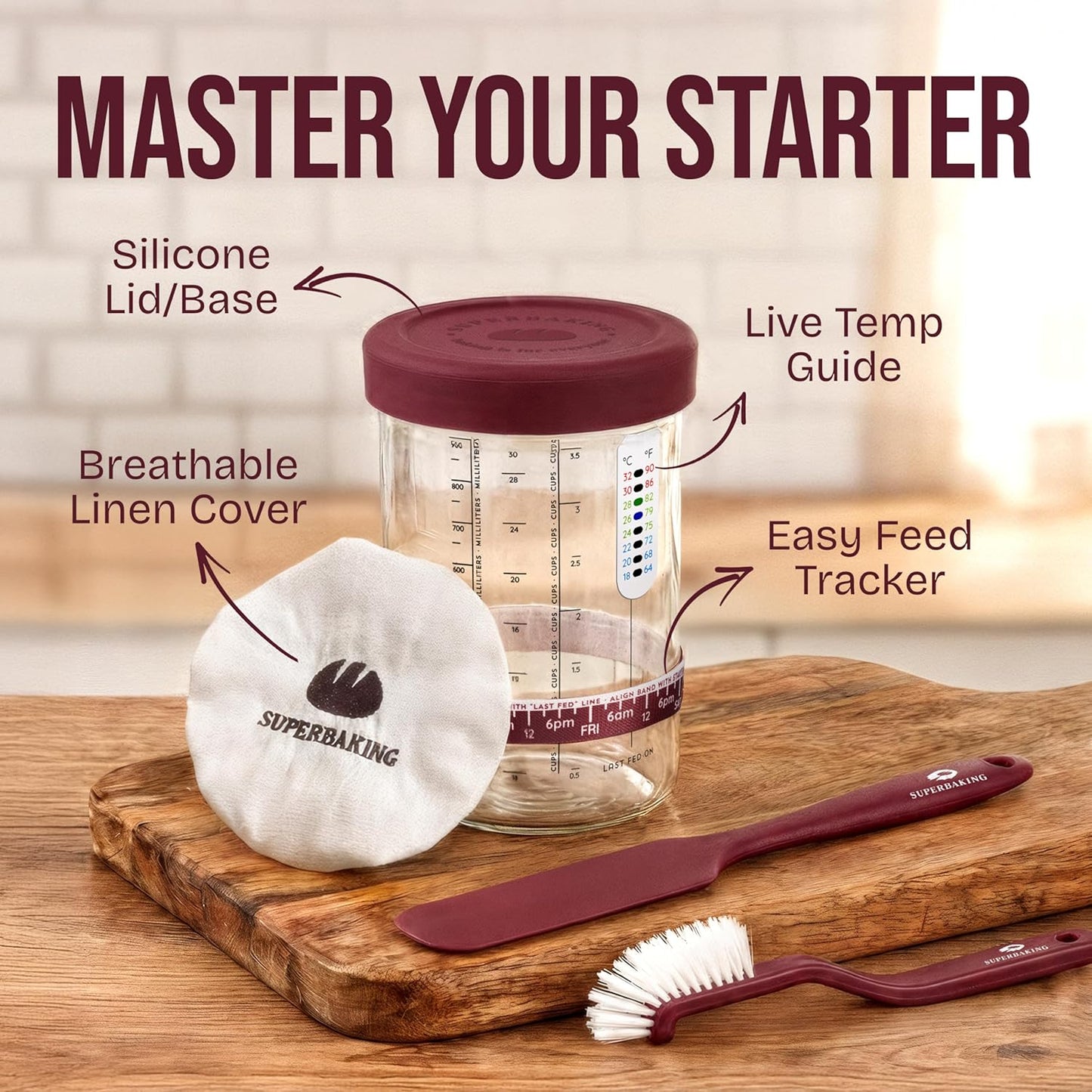 Superbaking Sourdough Starter Kit, 9" Round Banneton Bread Proofing Basket Set, Sourdough Bread Baking Supplies, Sourdough Tools with Silicone Bread Sling, Bread Making Tools, Baking Gifts