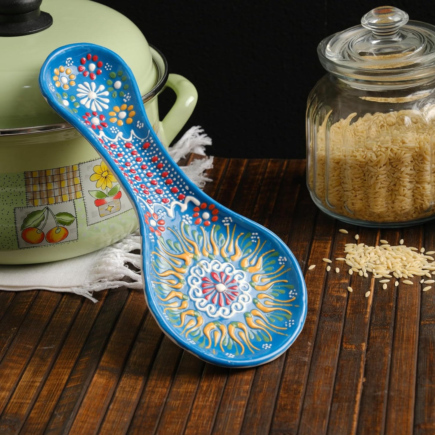 Handmade Spoon Rest, Ceramic Spoon Rest for Stove Top, 10" Spoon Rest for Kitchen Counter, Dishwasher Safe Spoon Holder for Stove, Housewarming Gifts Utensil Rest, Colorful Spoon Rests (Black)