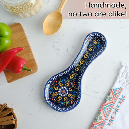 Handmade Spoon Rest, Ceramic Spoon Rest for Stove Top, 10" Spoon Rest for Kitchen Counter, Dishwasher Safe Spoon Holder for Stove, Housewarming Gifts Utensil Rest, Colorful Spoon Rests (Black)