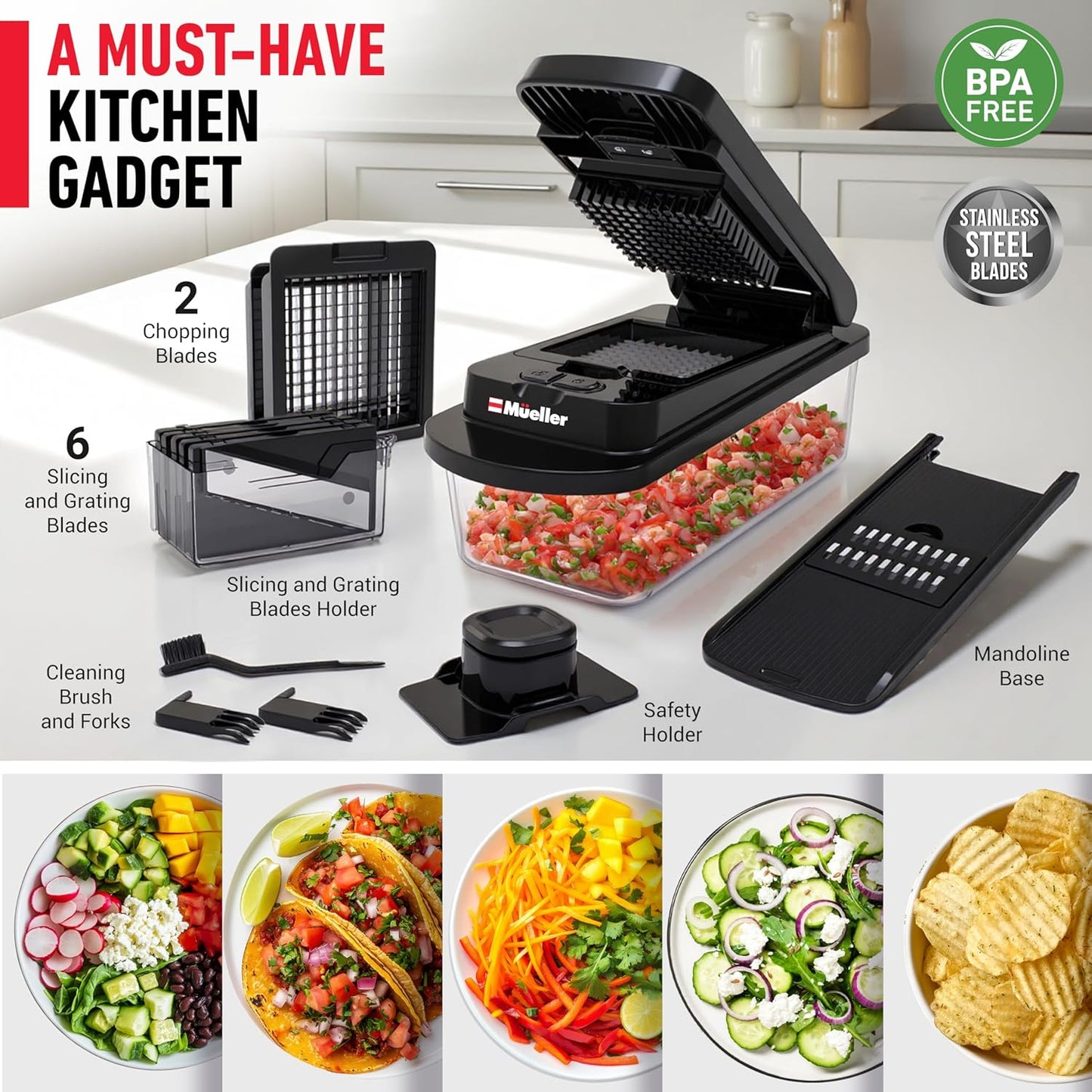 Mueller Pro-Series 10-in-1, 8 Blade Vegetable Chopper, Onion Mincer, Cutter, Dicer, Egg Slicer with Container, French Fry Cutter Potato Slicer, Home Essentials, Salad Chopper White Sand/Green
