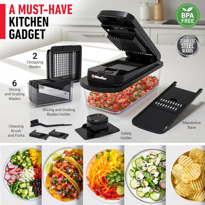 Mueller Pro-Series 10-in-1, 8 Blade Vegetable Chopper, Onion Mincer, Cutter, Dicer, Egg Slicer with Container, French Fry Cutter Potato Slicer, Home Essentials, Salad Chopper White Sand/Green