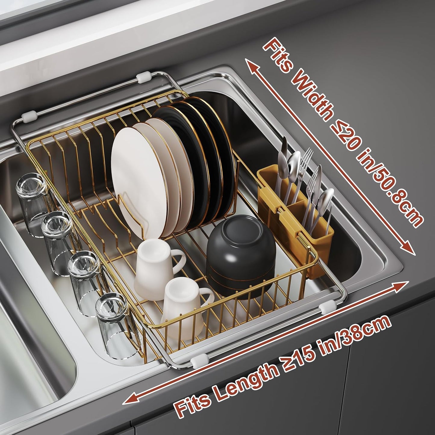 JASIWAY Roll Up Dish Drying Rack, Expandable (12.8"-23.8" D x 12.8" W) Stainless Steel Portable Drainer for Kitchen Sink Counter, Foldable Over The Sink Cover with Removable Utensil Holder