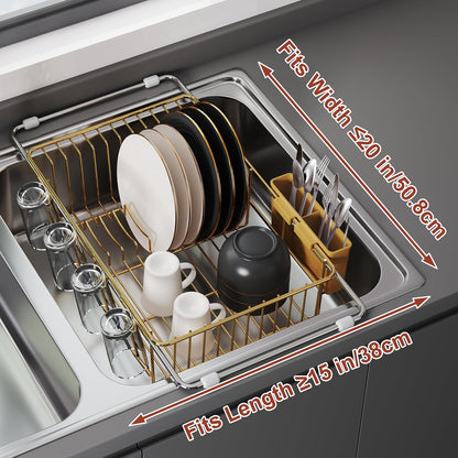 JASIWAY Roll Up Dish Drying Rack, Expandable (12.8"-23.8" D x 12.8" W) Stainless Steel Portable Drainer for Kitchen Sink Counter, Foldable Over The Sink Cover with Removable Utensil Holder