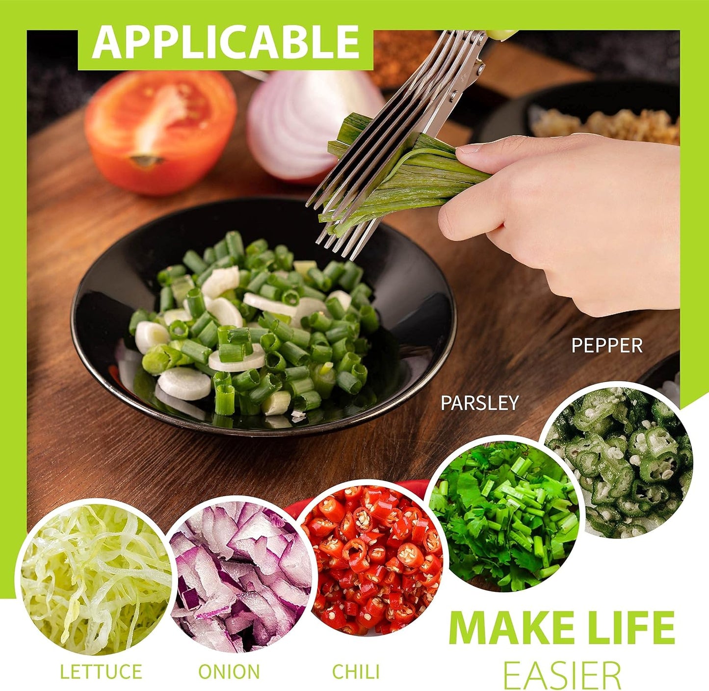 Herb Scissors with 5 Blades & Cleaning Kit, Stainless Steel Kitchen Shears for Herbs, Lettuce, Cilantro, Dishwasher Safe, Soft-Grip Handle