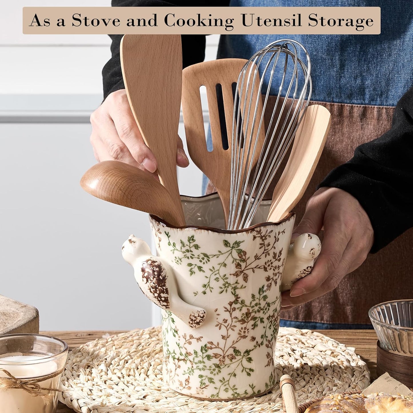 Utensil Holder for Kitchen Counter, Modern Farmhouse Rustic Cooking Utensil Holder and Crock, Exquisite Chinoiserie Floral Ceramic Utensil Organizer for Home Kitchen Decor- Green and Beige