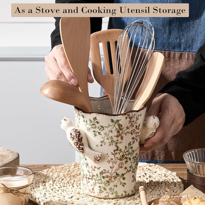 Utensil Holder for Kitchen Counter, Modern Farmhouse Rustic Cooking Utensil Holder and Crock, Exquisite Chinoiserie Floral Ceramic Utensil Organizer for Home Kitchen Decor- Green and Beige