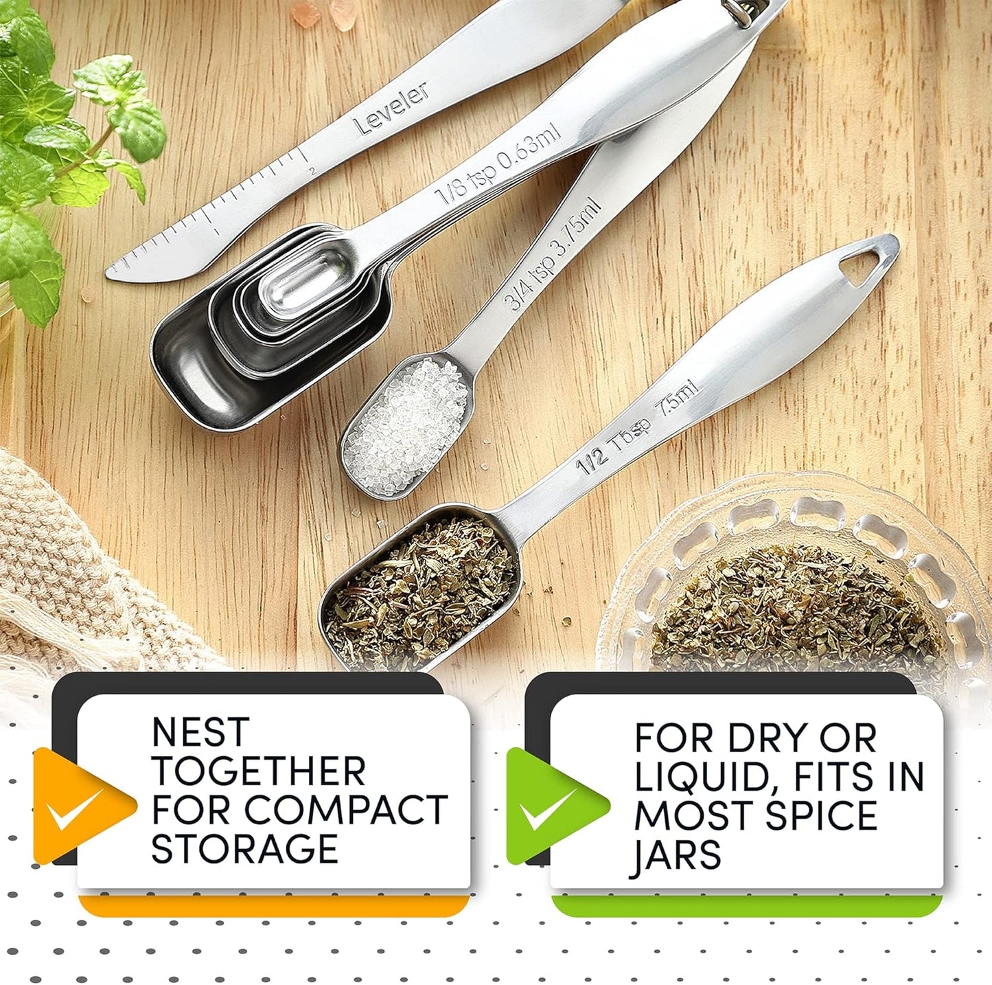 Spring Chef Stainless Steel Measuring Spoons Set of 7 with Leveler, Rectangular Metal Teaspoon & Tablespoon Measuring Spoons for Dry & Liquid Ingredients - Nesting Kitchen Gadgets For Baking & Cooking