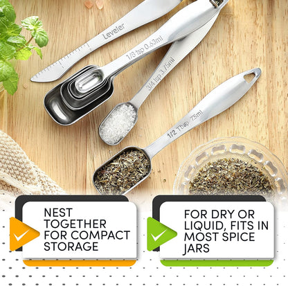 Spring Chef Stainless Steel Measuring Spoons Set of 7 with Leveler, Rectangular Metal Teaspoon & Tablespoon Measuring Spoons for Dry & Liquid Ingredients - Nesting Kitchen Gadgets For Baking & Cooking
