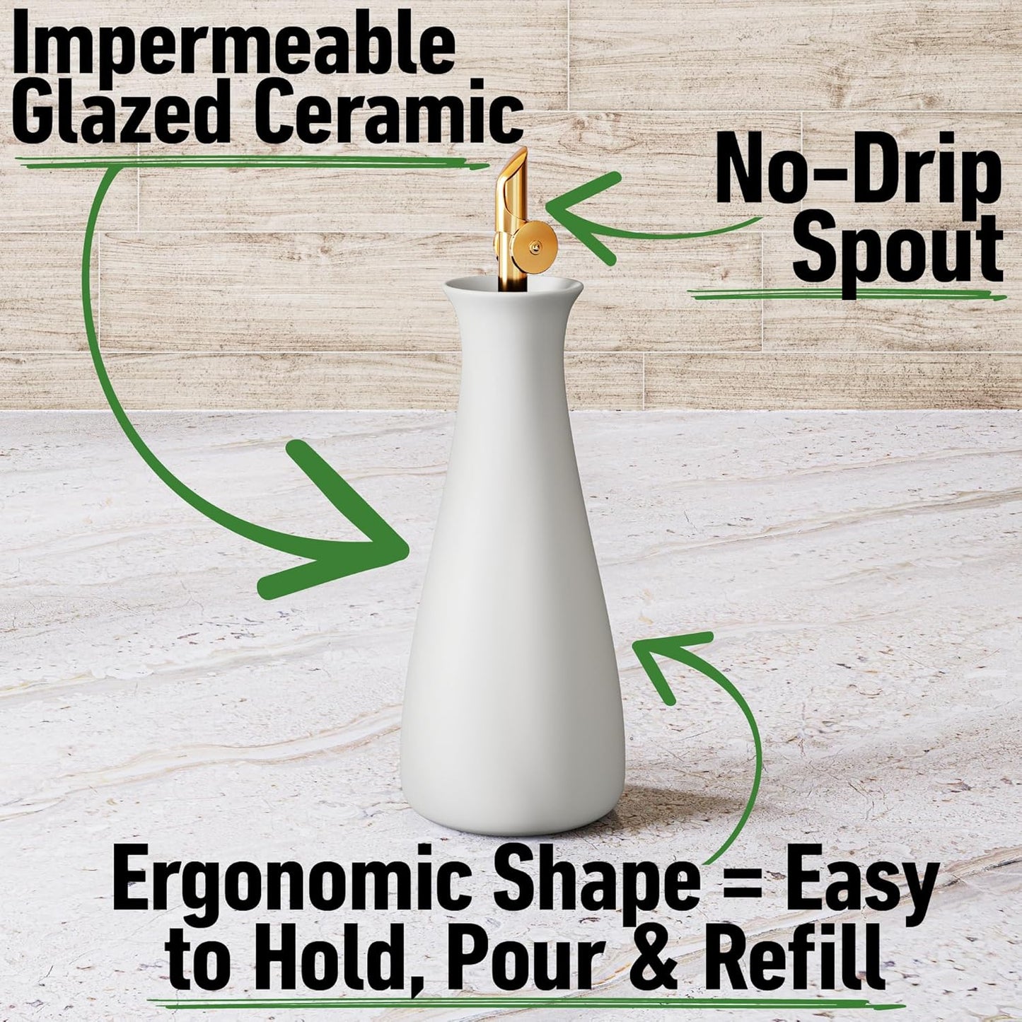 HB Design Co. Ceramic Olive Oil Dispenser with Self-Closing Gold Spout - 530 ML Capacity Matte White Ceramic Oil Dispenser for Kitchen - Leak Proof EVOO Dispensing Bottle