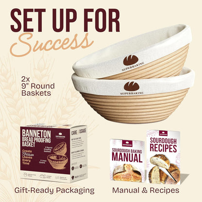 Superbaking Sourdough Starter Kit, 9" Round Banneton Bread Proofing Basket Set, Sourdough Bread Baking Supplies, Sourdough Tools with Silicone Bread Sling, Bread Making Tools, Baking Gifts